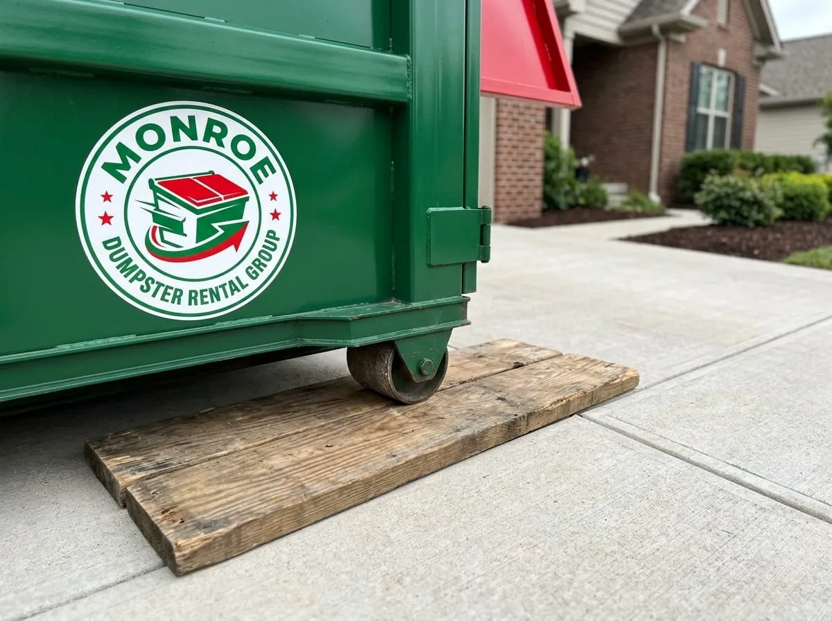 Same-day dumpster delivery in Monroe, NC Monroe Dumpster Rental Group truck delivering a roll-off dumpster to a Monroe NC driveway